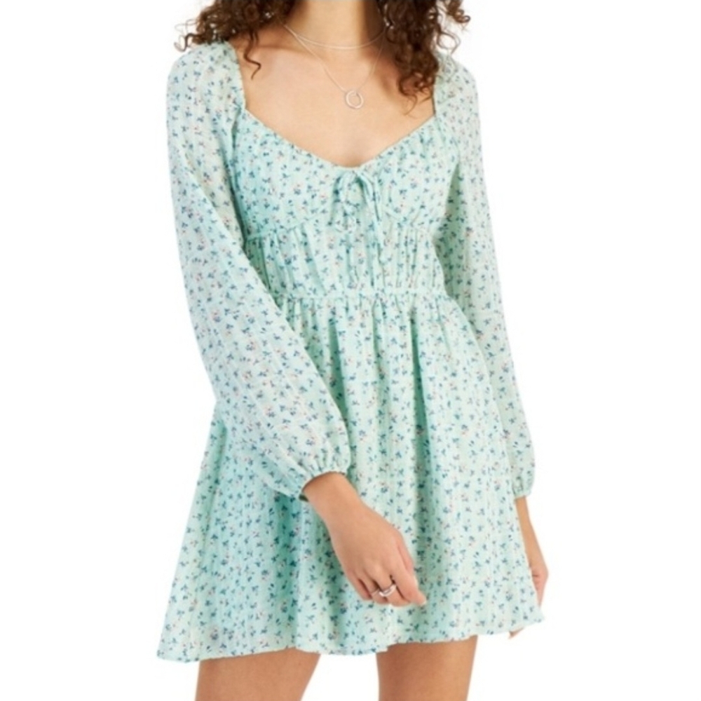Kingston Gray Juniors Light Green Floral‎ Balloon Sleeve Mini Dress Size M NWT